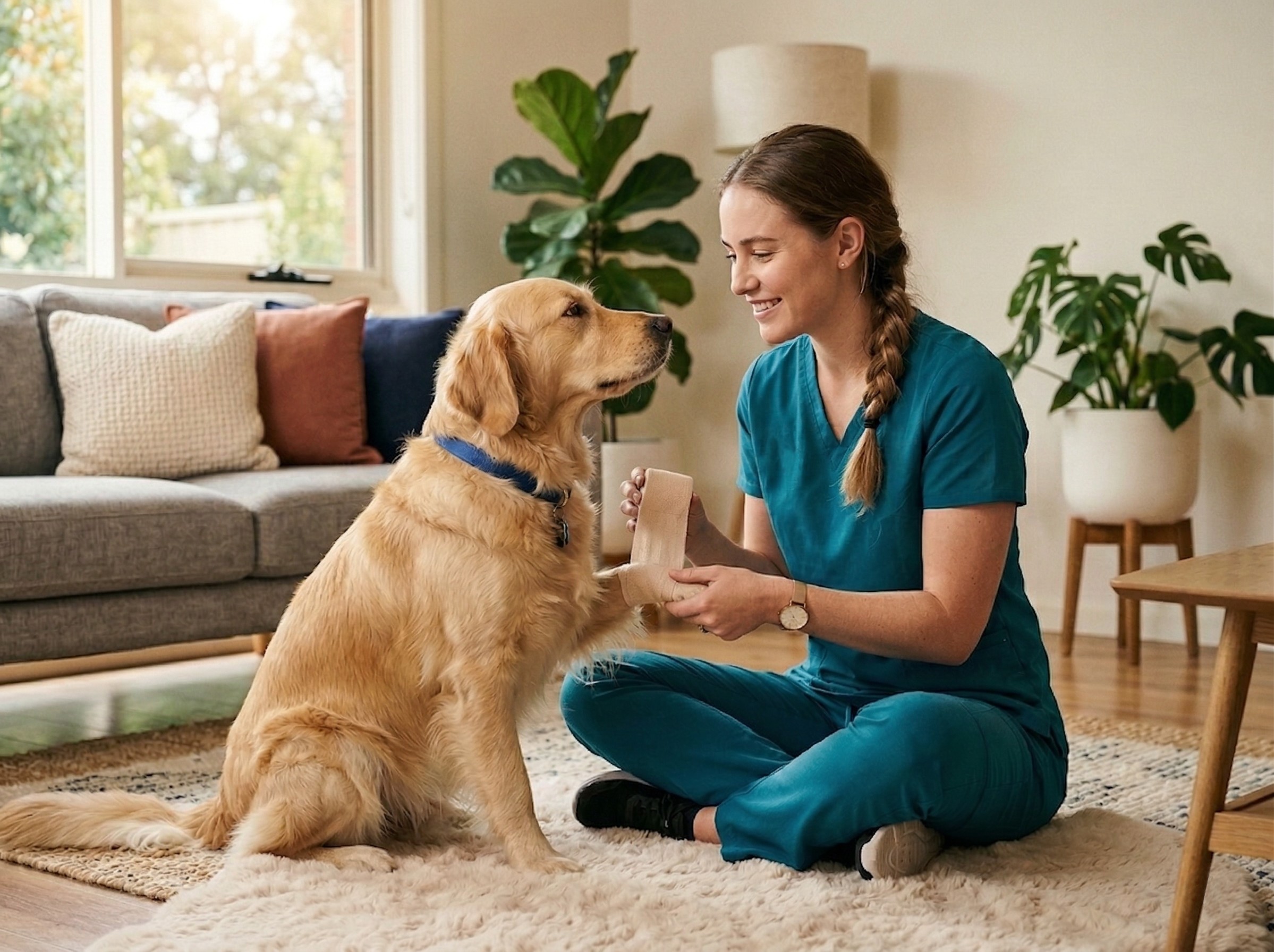Vet nurse gently bandaging a dog's paw at home