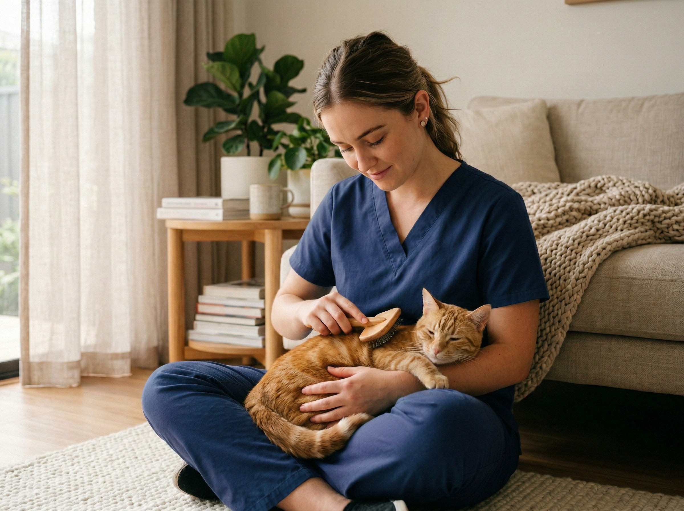 Vet nurse giving a cat undivided attention at home