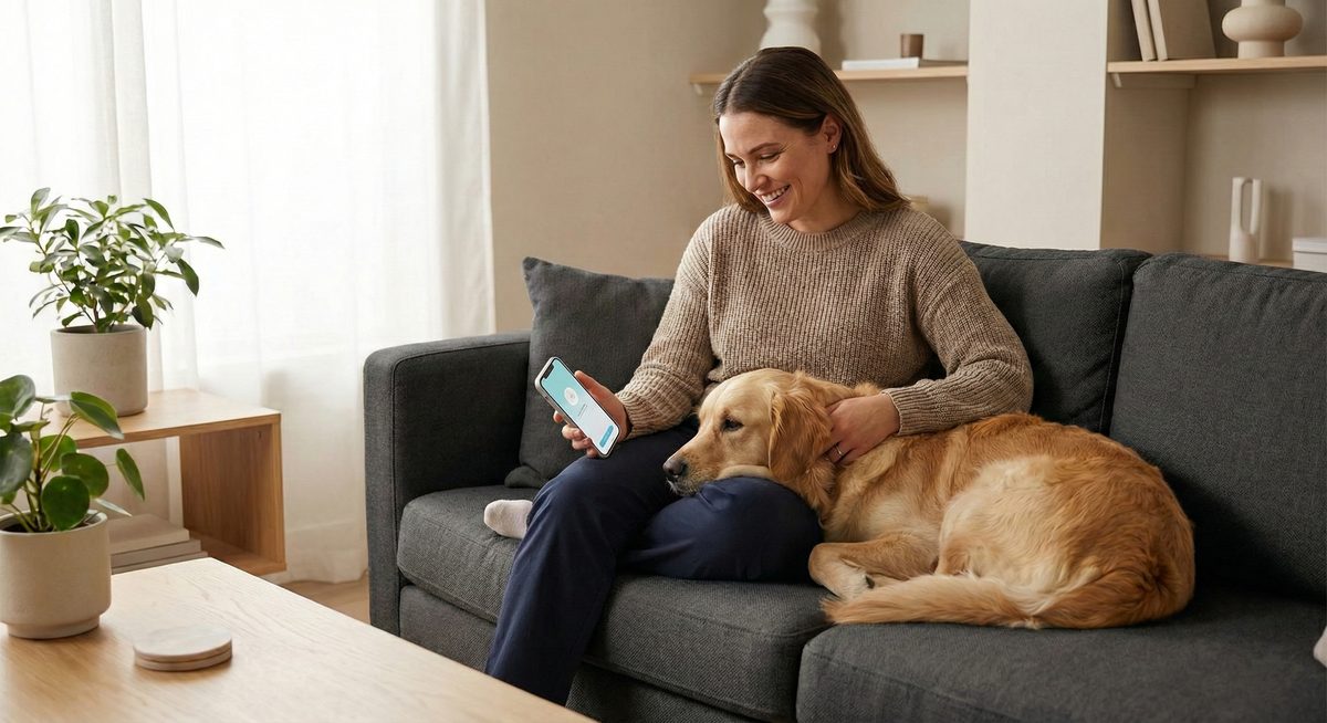 Vet nurse managing bookings from her phone on the couch