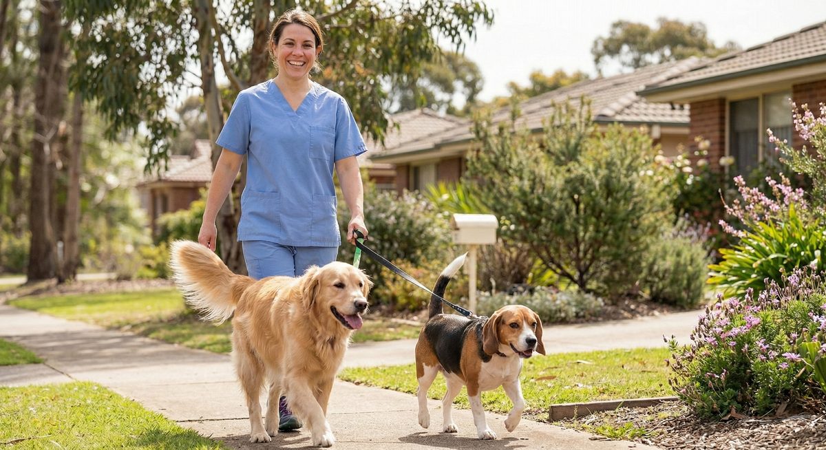 Vet nurse walking dogs outdoors