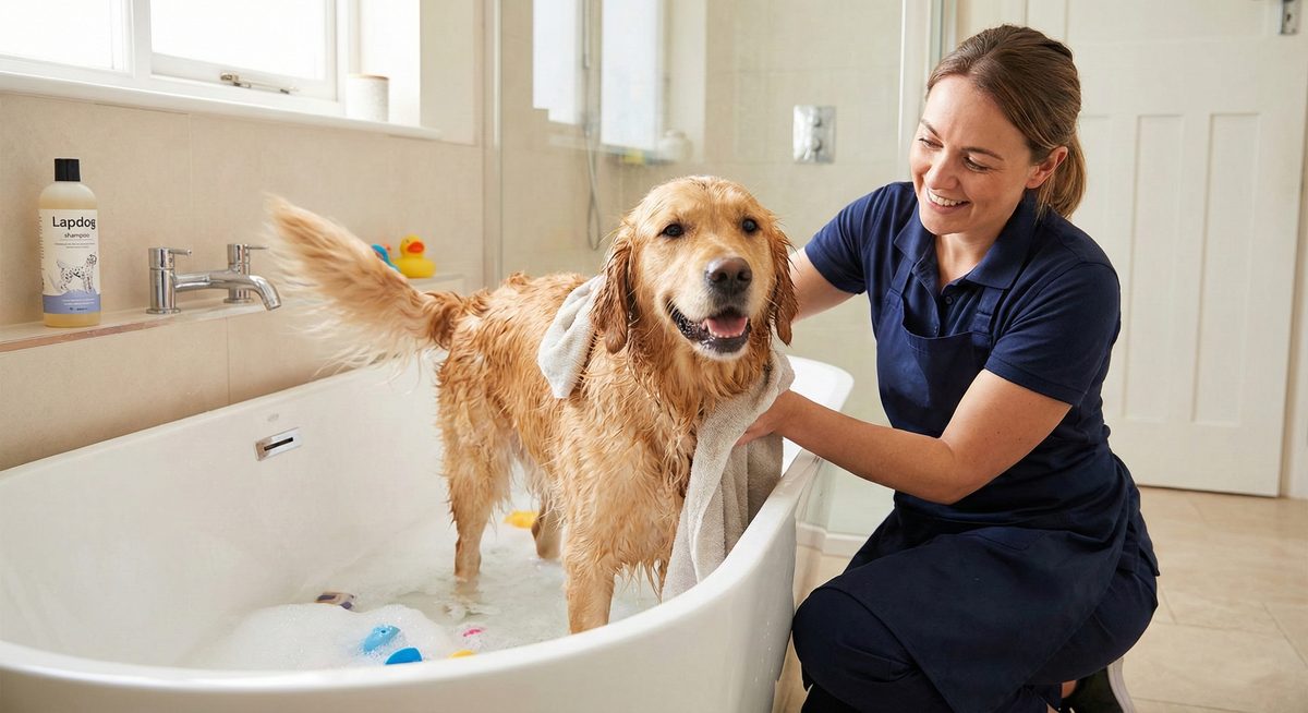 Vet nurse washing a dog