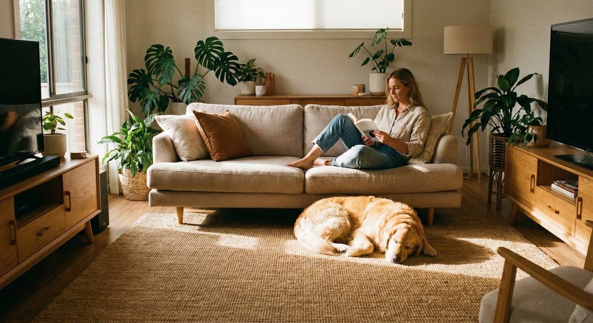 Pet relaxing comfortably at home with their sitter